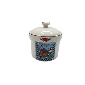 vintage transfar international ceramic checkerboard farms small crock